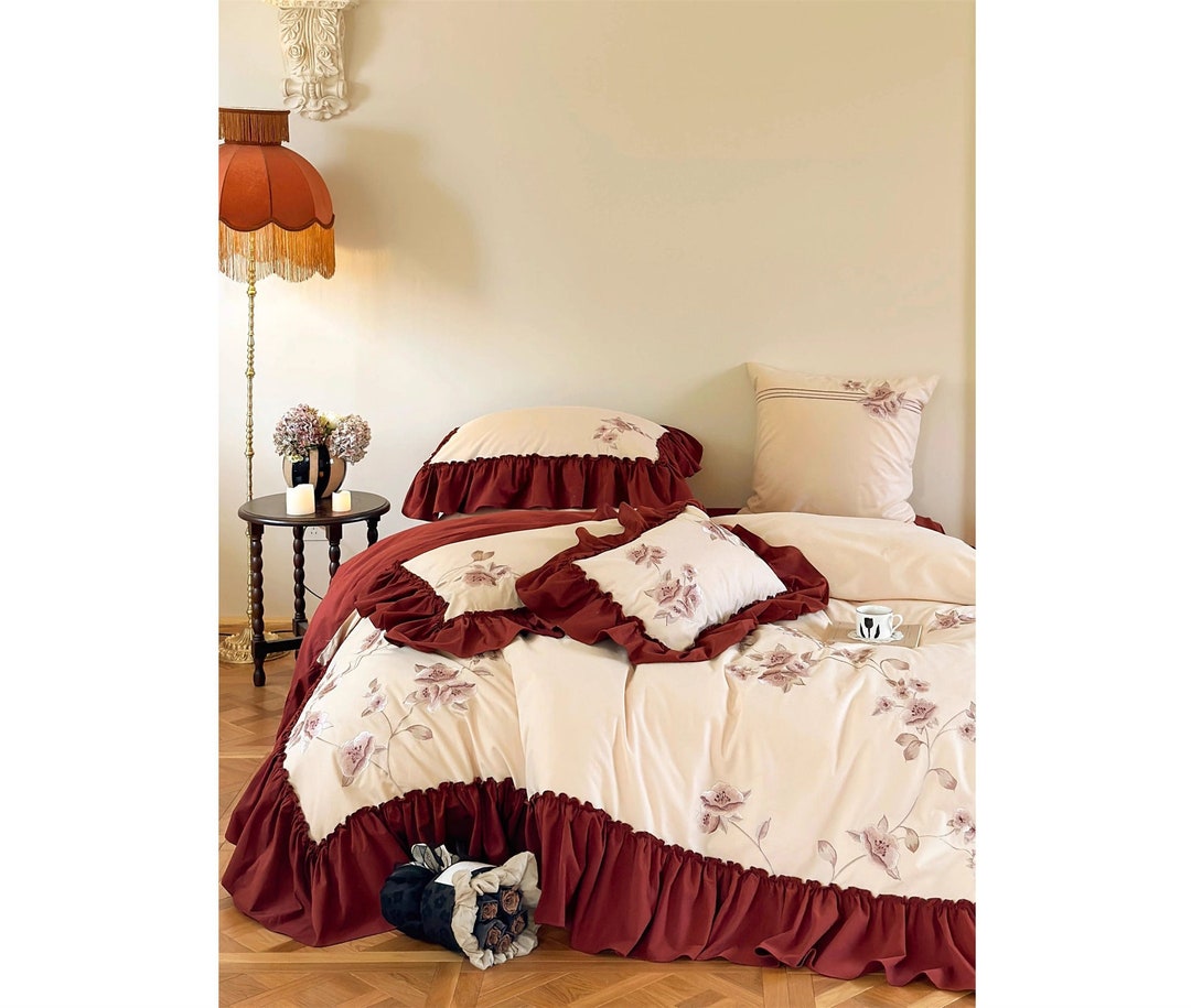 Red Ruffle Embroidered Cotton Bedding Set, Rustic Duvet Cover Set