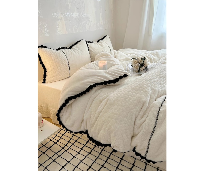 Ruffle White Fuffly Bedding Set, Cute Soft Fleece Bedding Duvet Cover