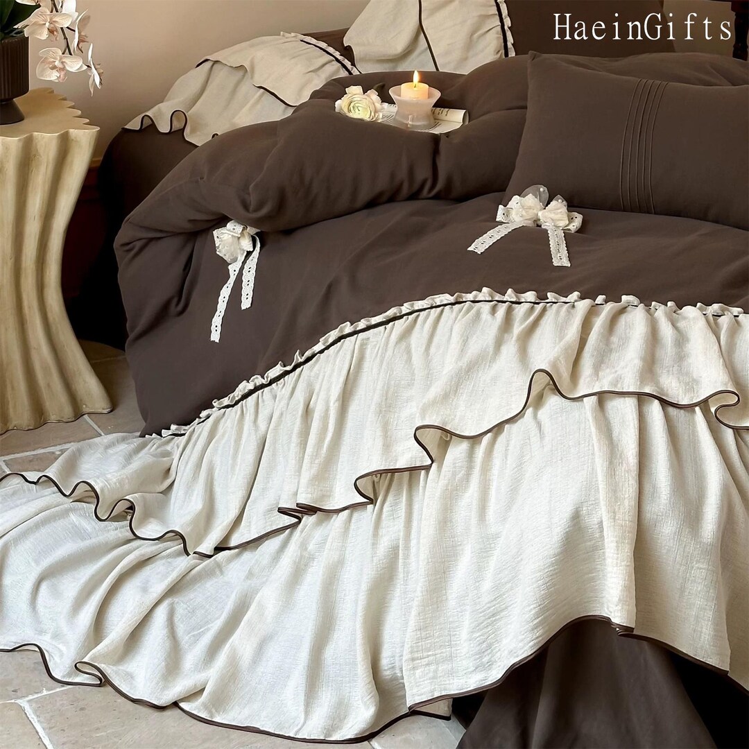 Shabby Chic Ruffled Bedding Set, Rustic Cotton Linen Duvet Cover Set ...