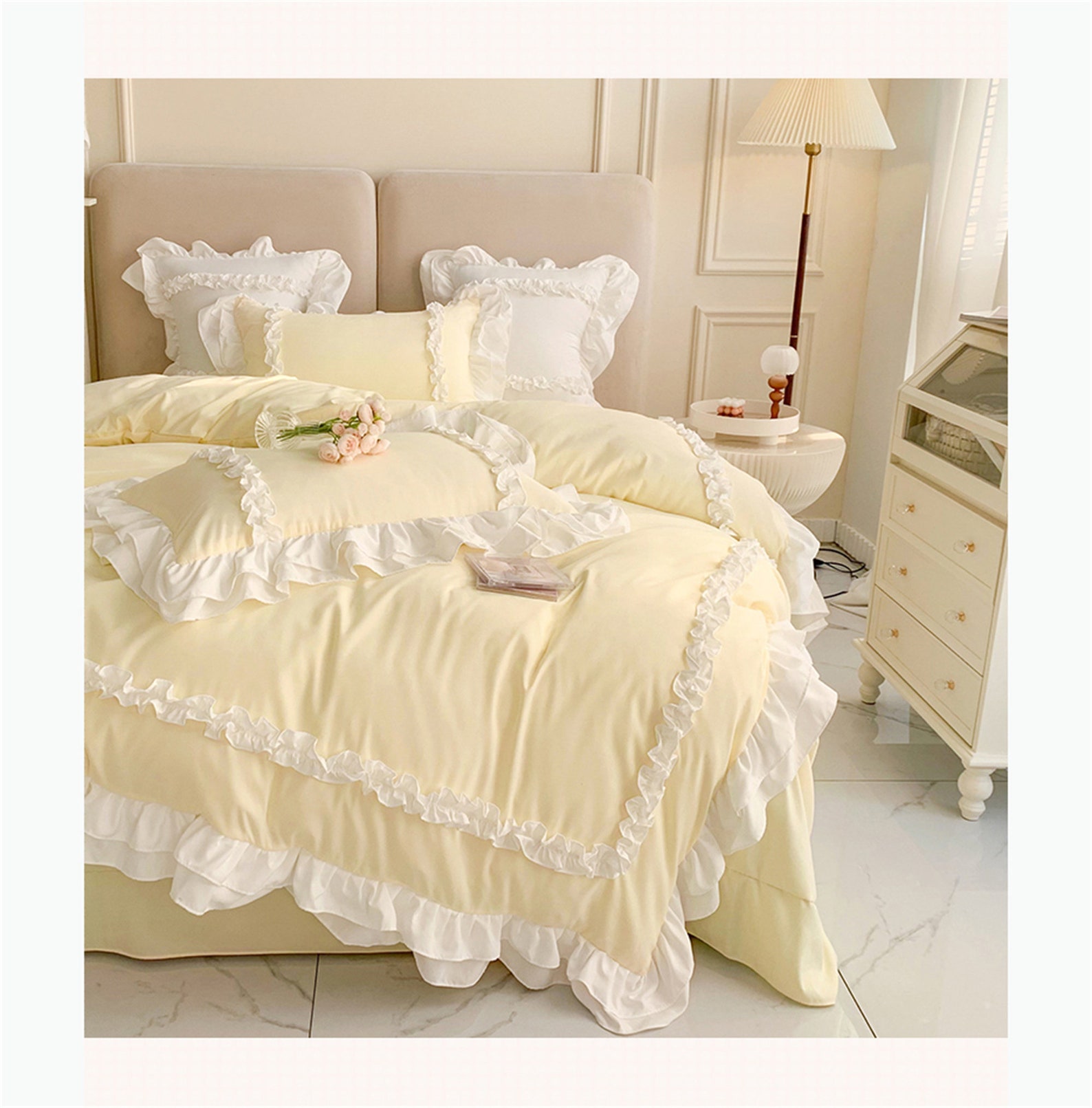 Yellow Cotton Bedding White Ruffled Duvet Cover Setcotton Etsy