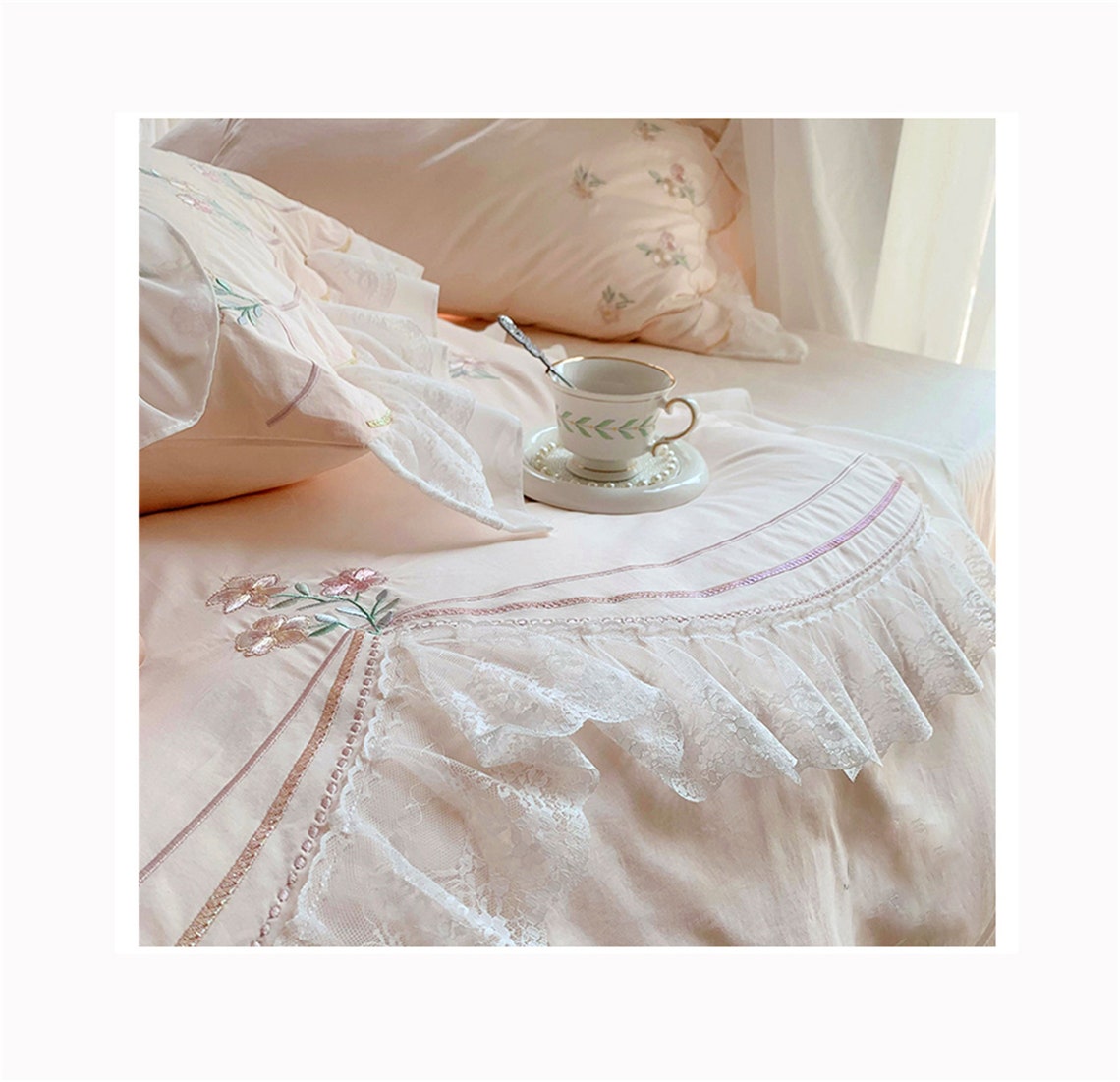 Princess Cotton Lace Embroidered Bedding Set Ruffled Duvet Etsy