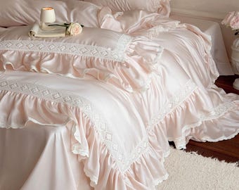 Silky Ruffle Bedding Set, Retro Duvet Cover, Pale Pink Duvet Cover Set, Satin Tencel Duvet Cover Set, Bedding Aesthetics