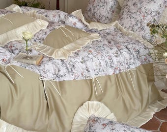 Rustieke beddengoedset met bloemen, dekbedovertrekset met gegolfde romantische strik, katoenen beddengoedset met lange nietjes, esthetiek beddengoed