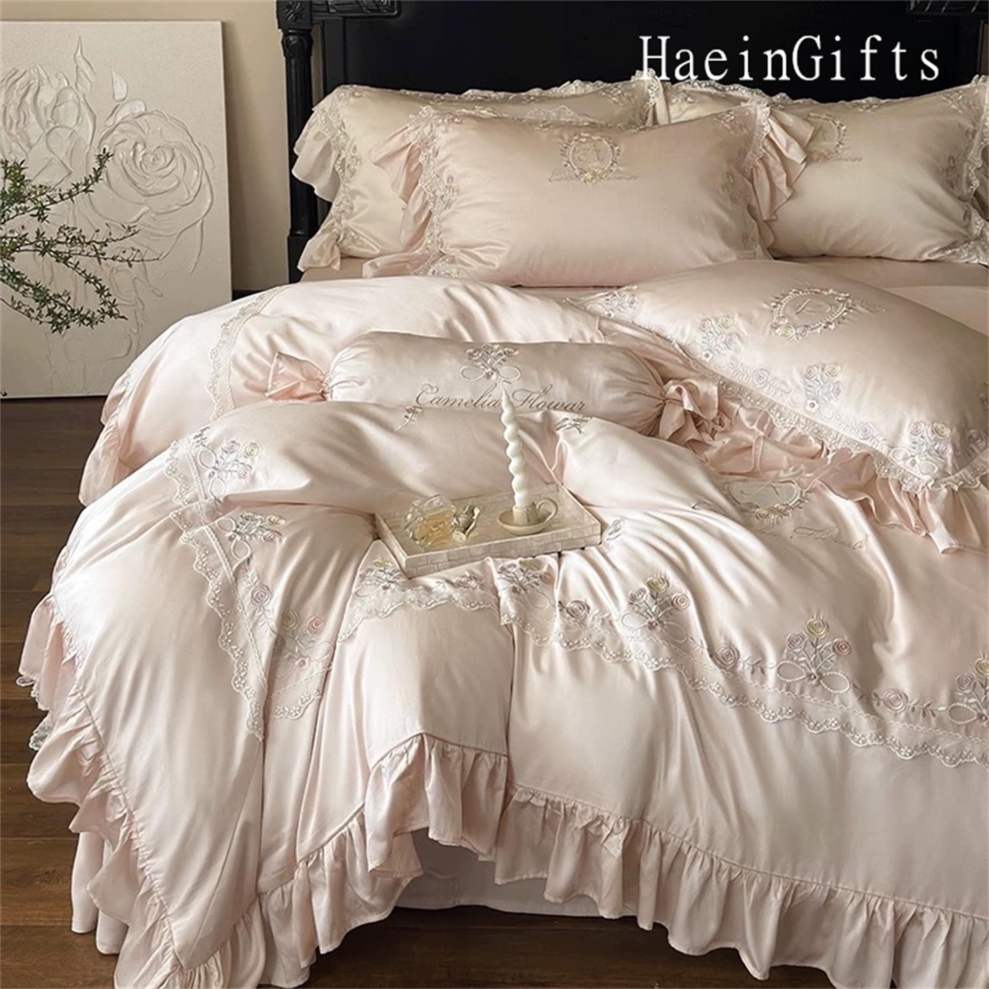 Embroidered Silky Ruffle Bedding Set, Cream White Duvet Cover, Pale Pink Duvet Cover Set,  Duvet Cover, Tencel Bedding, Bedding Aesthetics