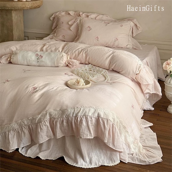 Princess Cotton Ruffle Bedding Set, Bow Duvet Cover for Girls, Blue Pink Duvet Cover Set, Luxury Bedding Set, Bedding Aesthetics