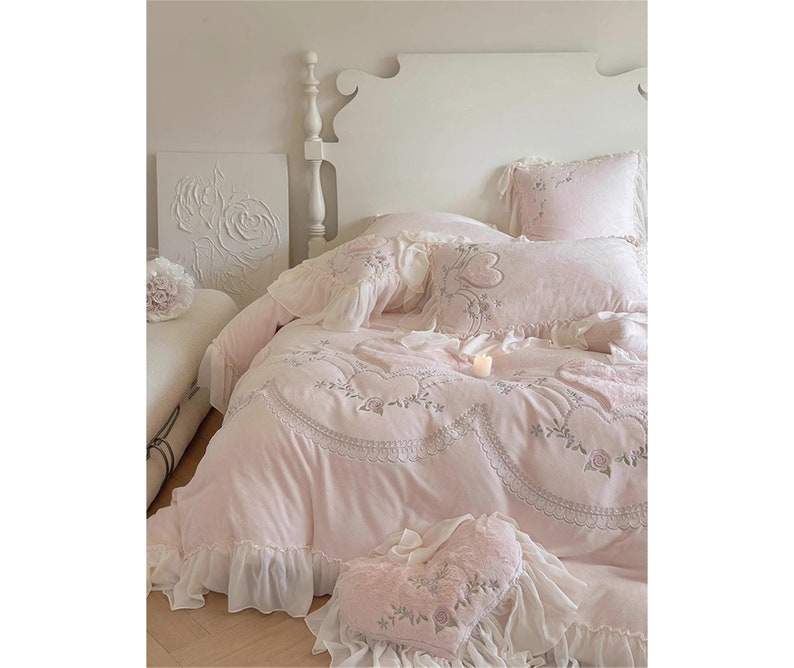 Ruffle Fleece Lace Bedding Set Pink White, Furry Soft Princess Bedding