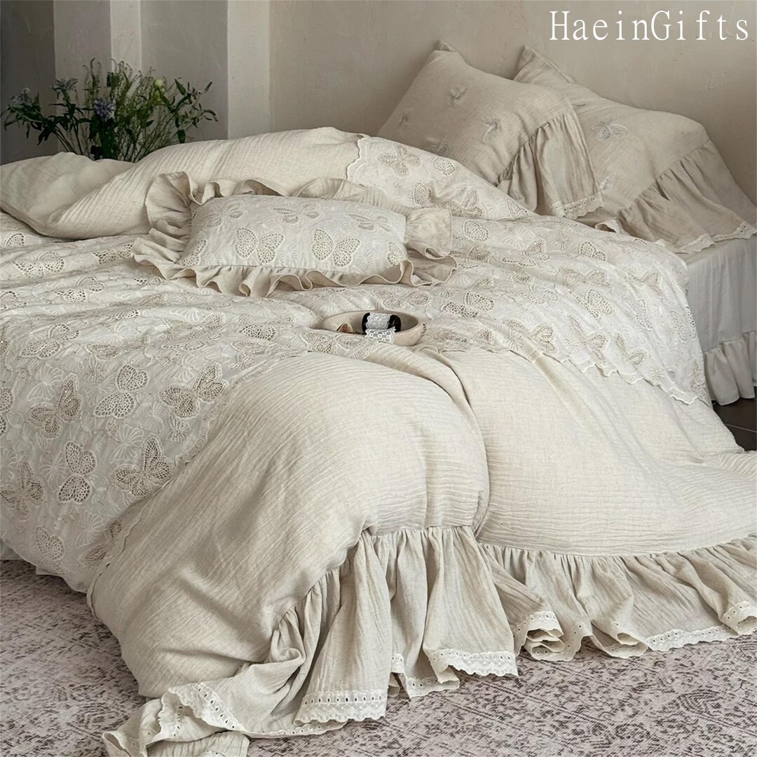 Shabby Chic Ruffled Bedding Set, Rustic Cotton Linen Duvet Cover Set ...