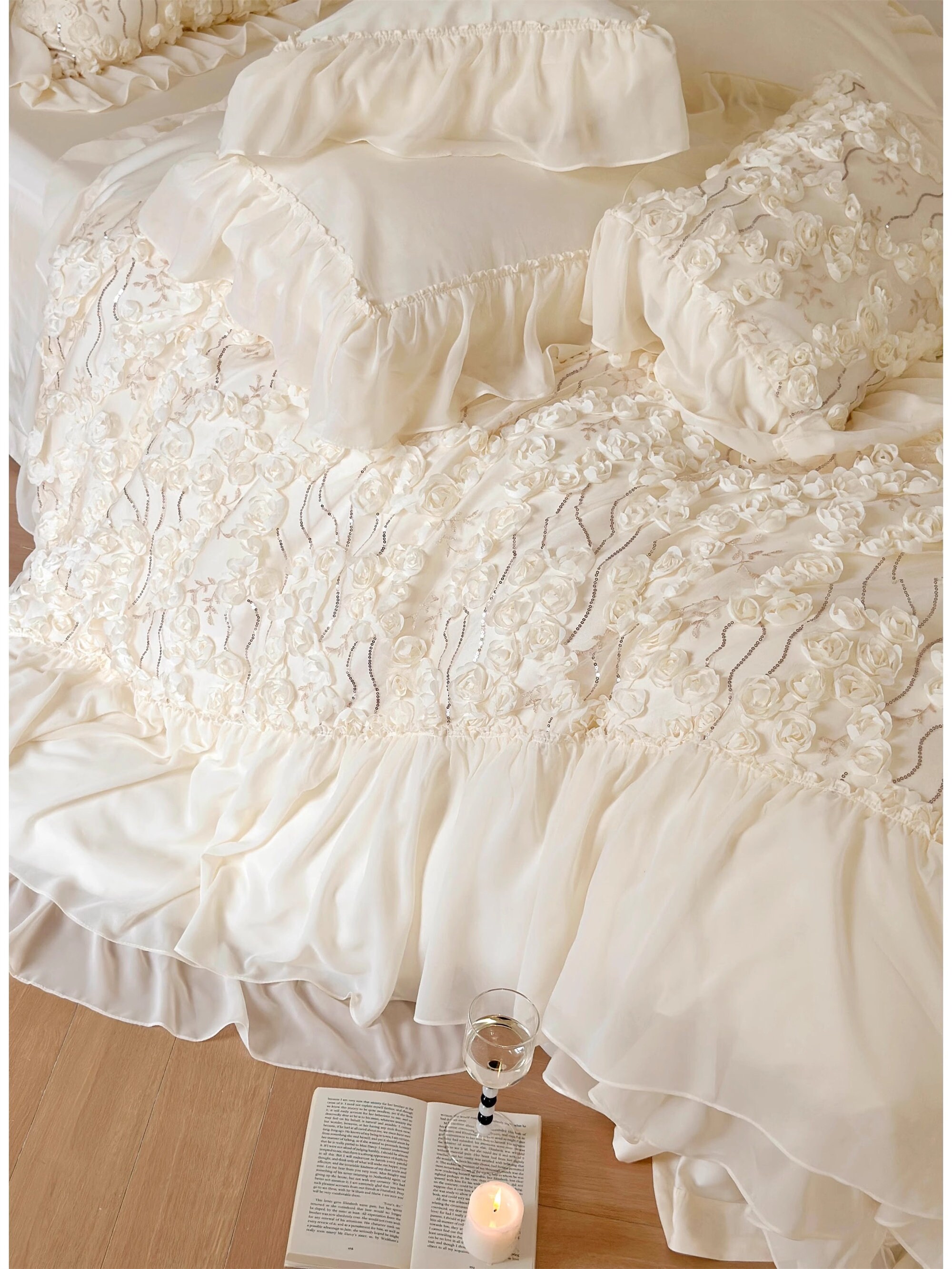 Ruffle Floral Embroidered Bedding 2 Colors Duvet Cover Set Etsy