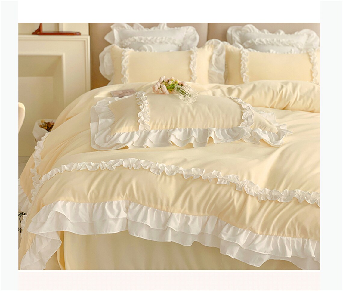 Yellow Cotton Bedding White Ruffled Duvet Cover Setcotton Etsy