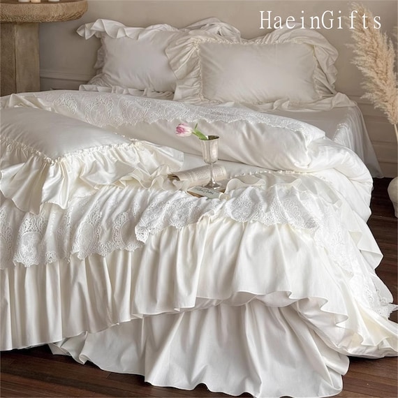 Princess Cotton Bedding Set, Beige Ruffle Duvet Cover for Girls, Lace Duvet Cover Set, Luxury Bedding Set, Bedding Aesthetics