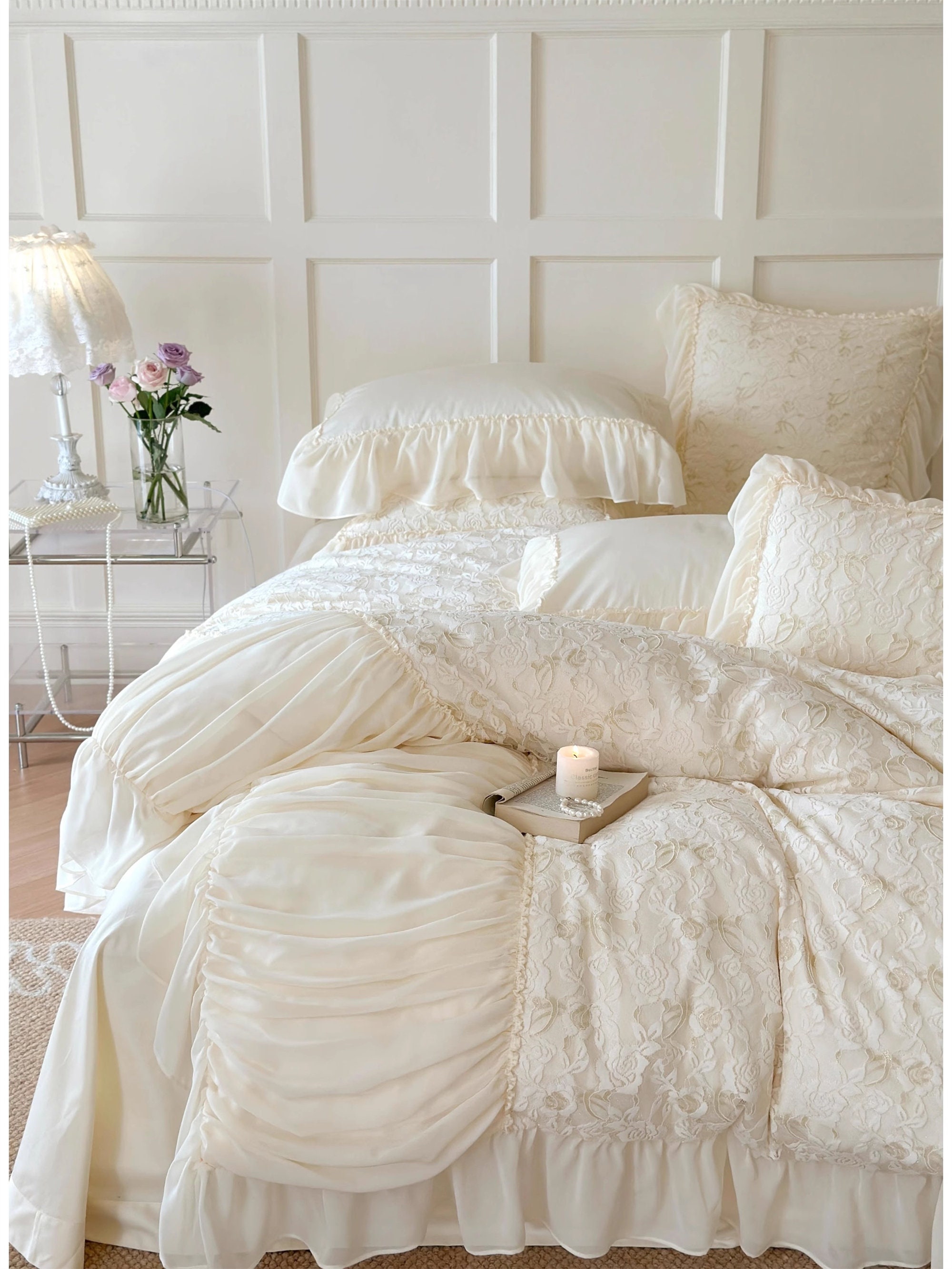 Ruffle Floral Lace Embroidered Bedding Pale Pink Offwhite Etsy