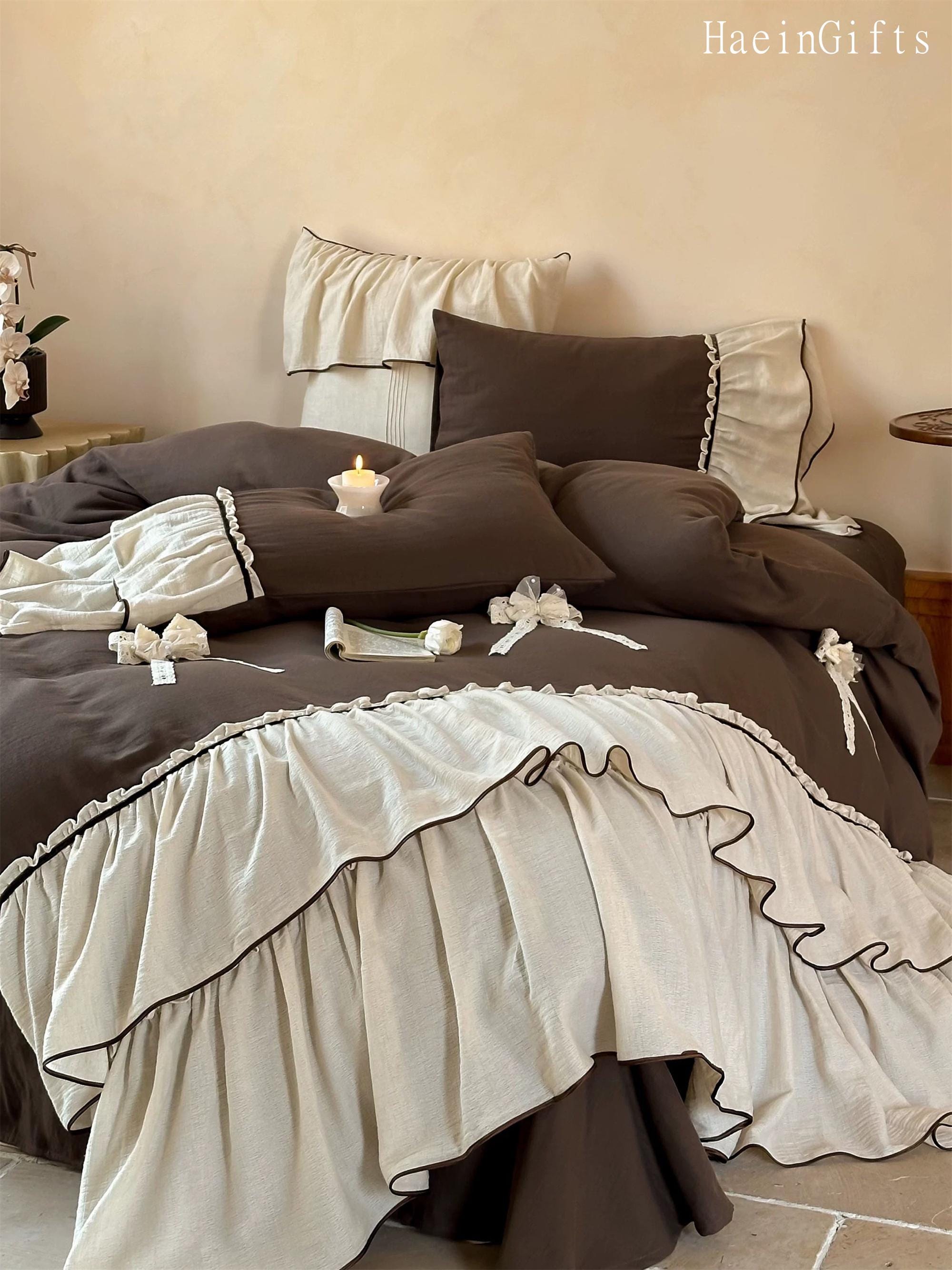 Shabby Chic Ruffled Bedding Set, Rustic Cotton Linen Duvet Cover Set ...