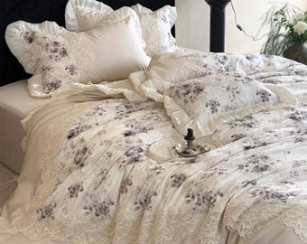 Princess Rustic Floral Bedding Set, Long Staple Cotton Jacquard Duvet Cover Set, Shabby Chic Lace Ruffle Bedding Set, Bedding Aesthetics