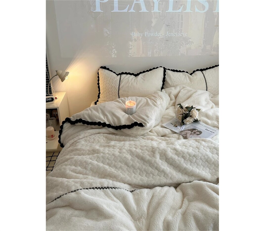 Ruffle White Fuffly Bedding Set, Cute Soft Fleece Bedding Duvet Cover Set Twin Full Queen 3pcs