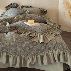 Ruffle Floral Bedding Set, Green Yarn-dyed Jacquard Cotton Duvet Cover, Shabby Chic Bedding Set, Bedding Aesthetics