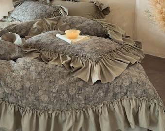 Ruffle Floral Bedding Set, Green Yarn-dyed Jacquard Cotton Duvet Cover, Shabby Chic Bedding Set, Bedding Aesthetics