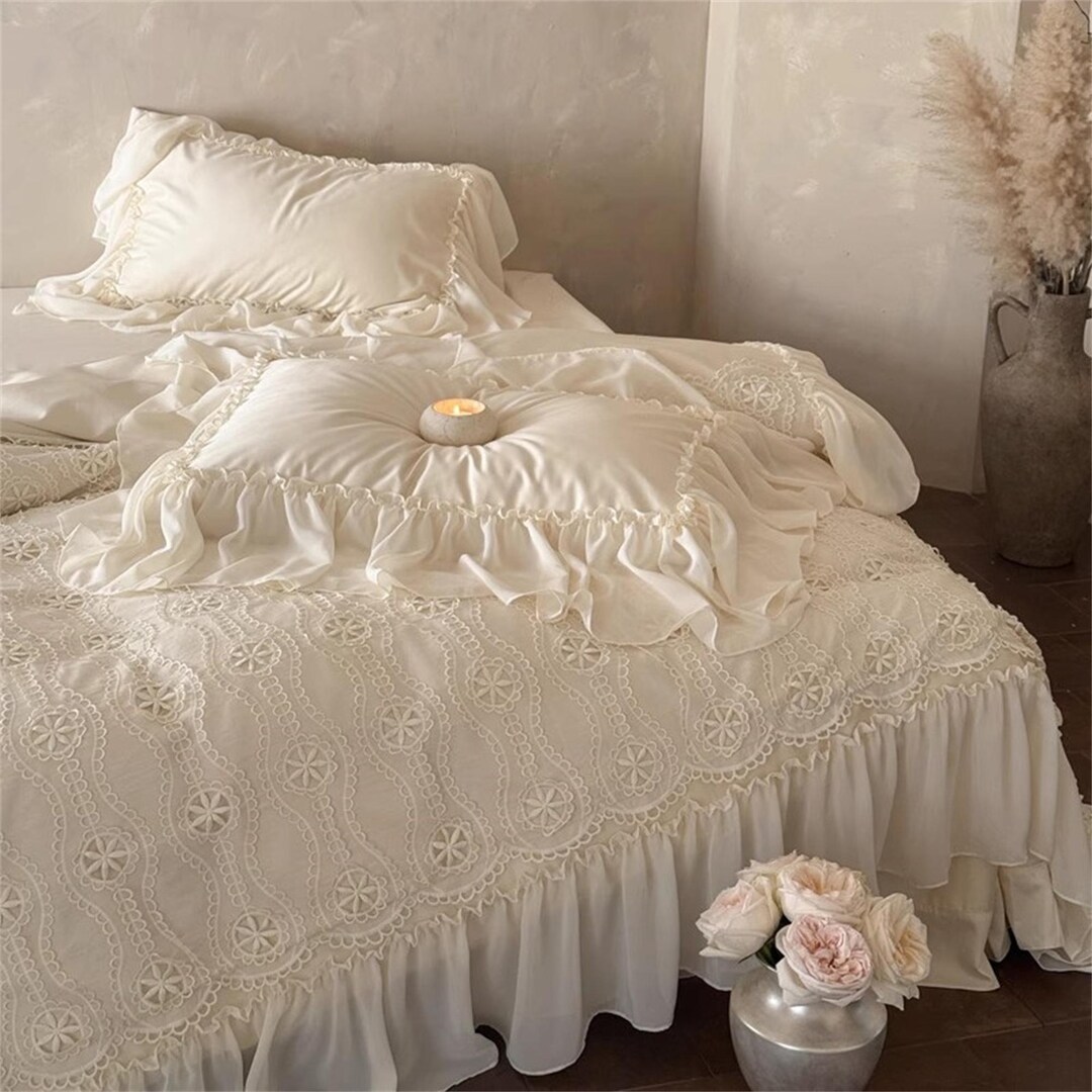 Ruffle Princess Cotton Bedding Set, Cream Ruffle Duvet Cover With ...