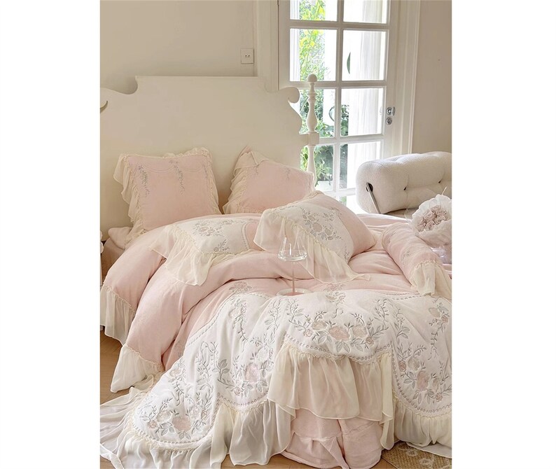 Ruffle Fleece Lace Bedding Set Pale Pink Offwhite, Furry Soft Princess