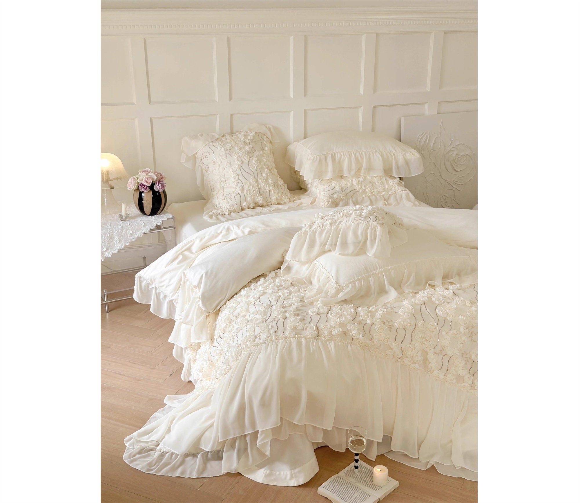 Ruffle Floral Embroidered Bedding 2 Colors Duvet Cover Set Etsy