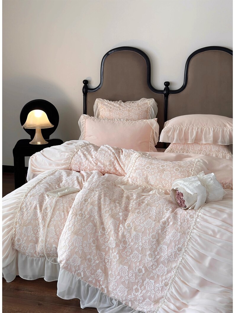 Ruffle Floral Lace Embroidered Bedding Pale Pink Offwhite Etsy