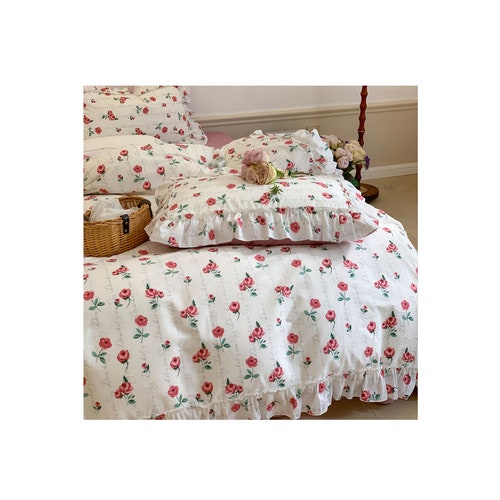 Ruffle Floral Pink Princess Duvet Cover Set Bedding Set, 100% Cotton Twin Full Queen Rustic shops Floral Bedding Set Duvet Cover Sheet Pillowcases
