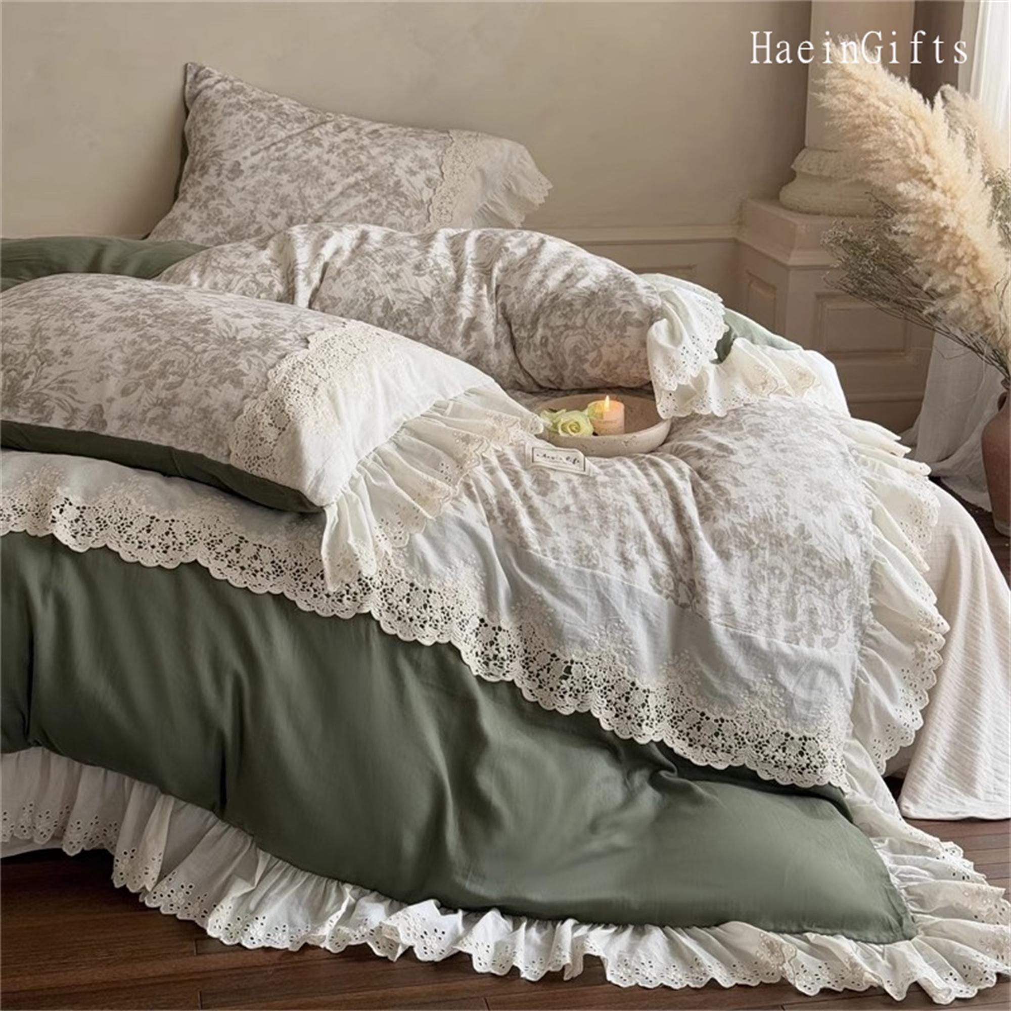 Retro Embroidered Ruffled Bedding Set, Cotton Duvet Cover Set, Green Floral Bedding Set, Bedding Aesthetics