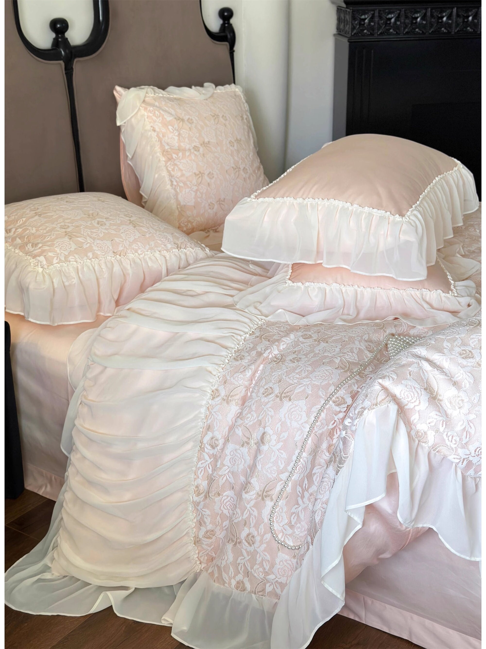 Ruffle Floral Lace Embroidered Bedding Pale Pink Offwhite Etsy