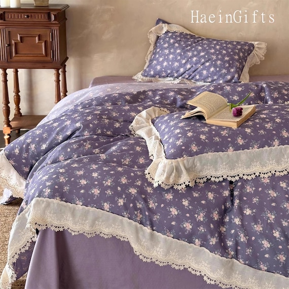 Embroidered Ruffled Bedding Set, Cotton Duvet Cover Set, Luxury Purple Floral Bedding Set, Bedding Aesthetics