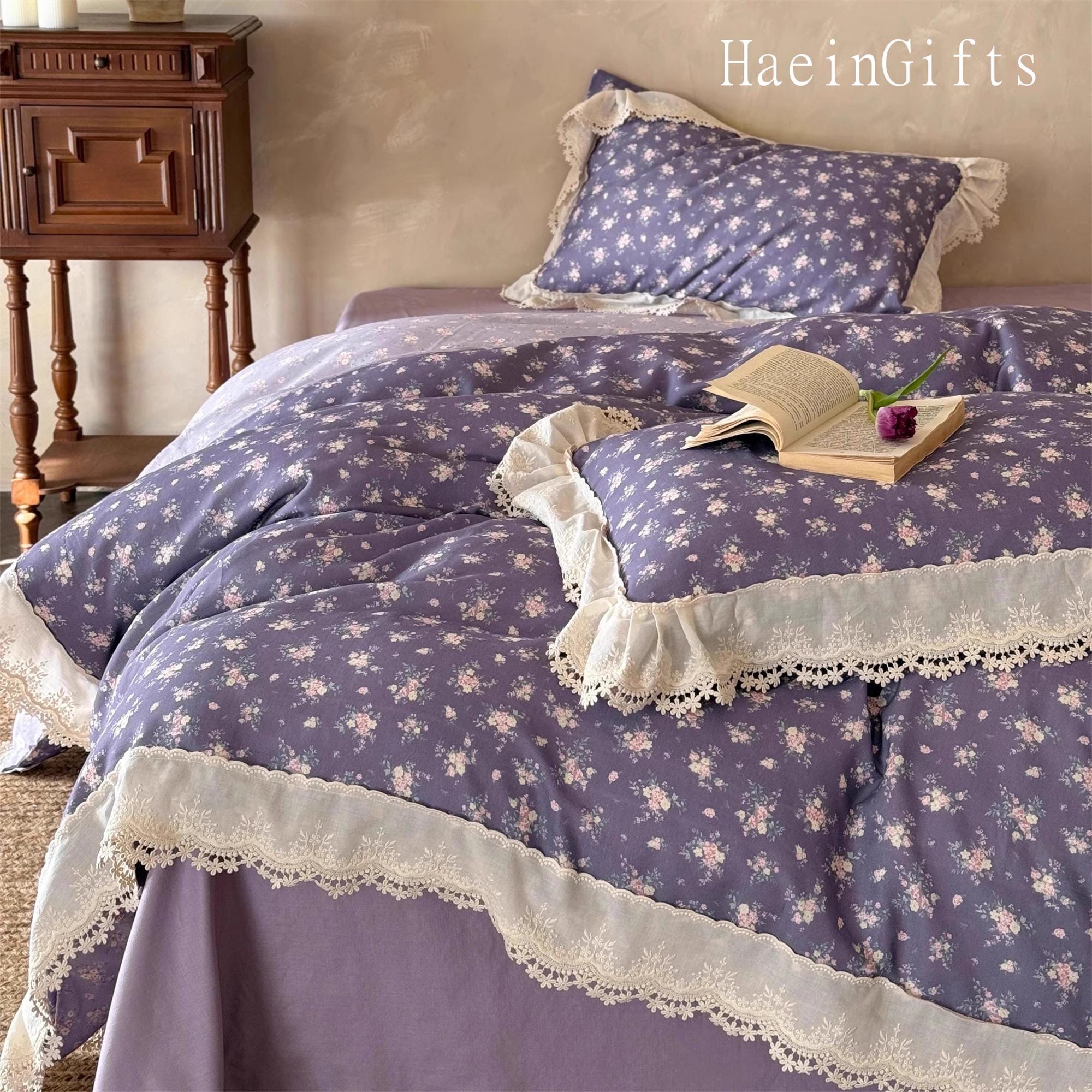 Embroidered Ruffled Bedding Set, Cotton Duvet Cover Set, Luxury Purple Floral Bedding Set, Bedding Aesthetics