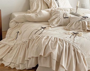 Rustic Bedding Set, Cotton Linen Duvet Cover Set, Shabby Chic Lace Ruffle Bedding Set, Bedding Aesthetics