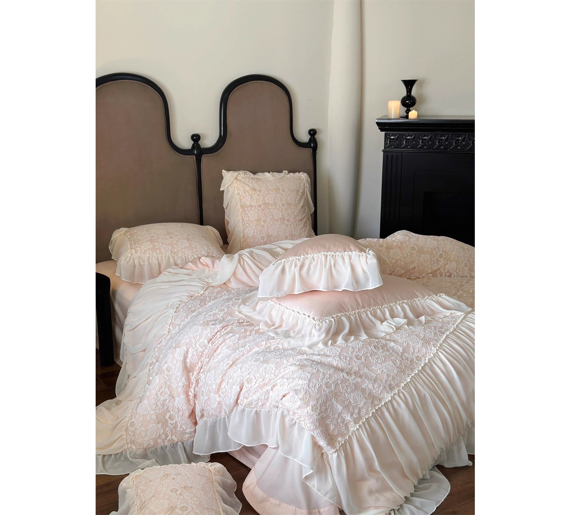 Ruffle Floral Lace Embroidered Bedding Pale Pink Offwhite Etsy