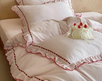 Ruffle Bedding Set, Rustic Soft Double-layered Gauze Cotton Duvet Cover Set, Pink/Blue Bedding Set, Bedding Aesthetics