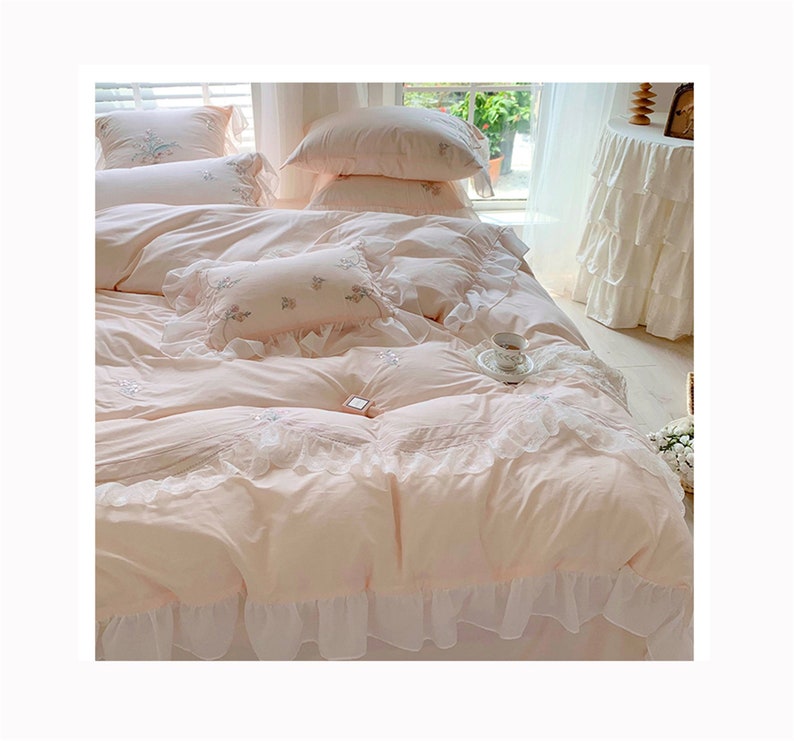Princess Cotton Lace Embroidered Bedding Set Ruffled Duvet Etsy