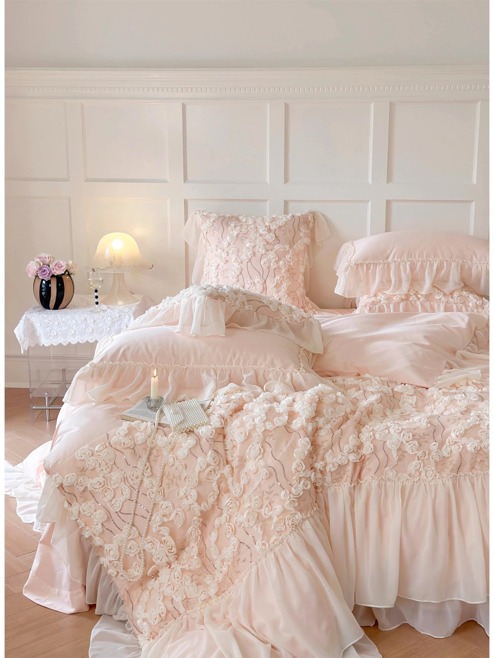 Ruffle Floral Embroidered Bedding 2 Colors Duvet Cover Set Etsy