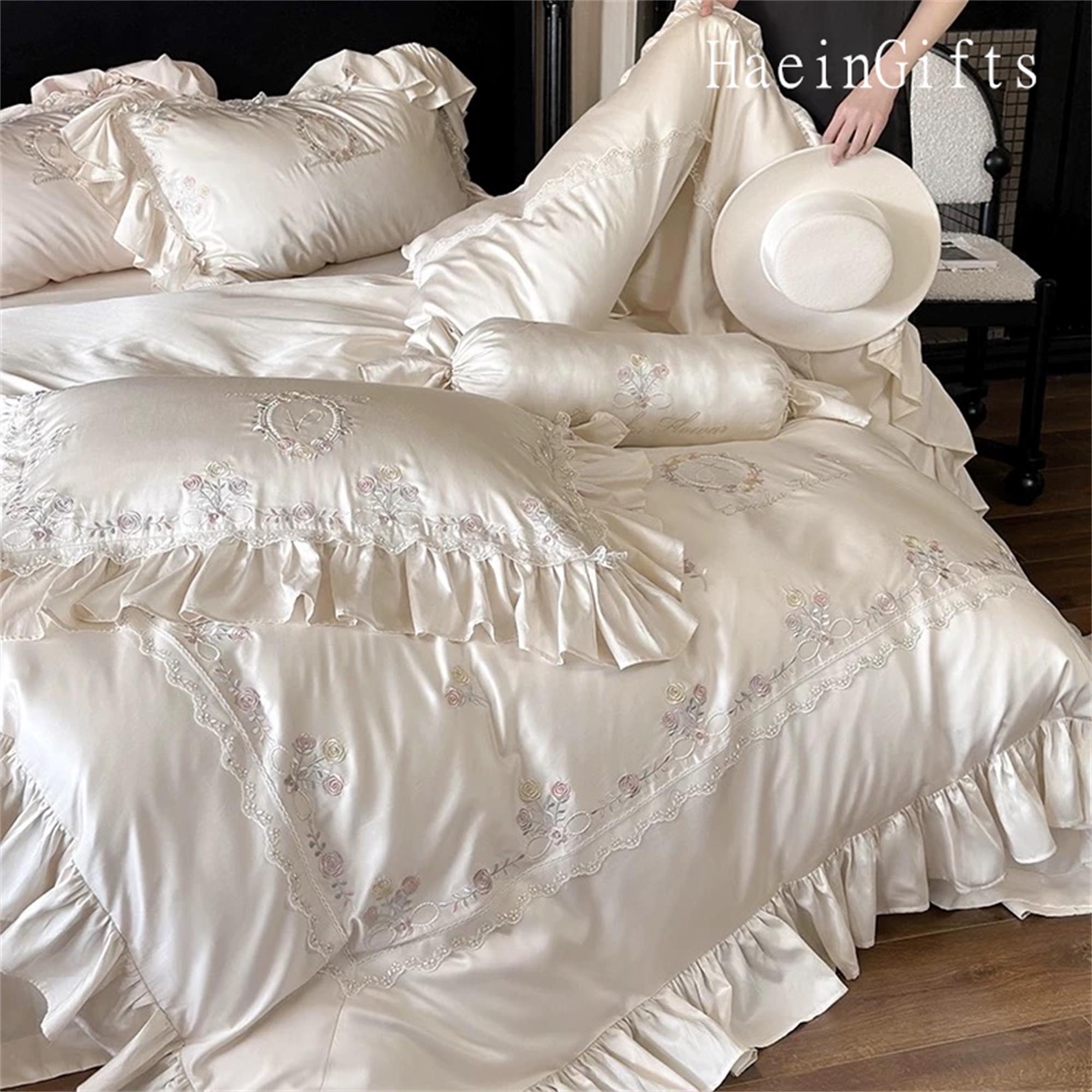 Embroidered Silky Ruffle Bedding Set, Cream White Duvet Cover, Pale ...