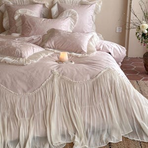 Ruffle Jacquard Bedding Set, Tencel Cotton Duvet Cover Set, Romance Pale Color Bedding Set, Bedding Aesthetics