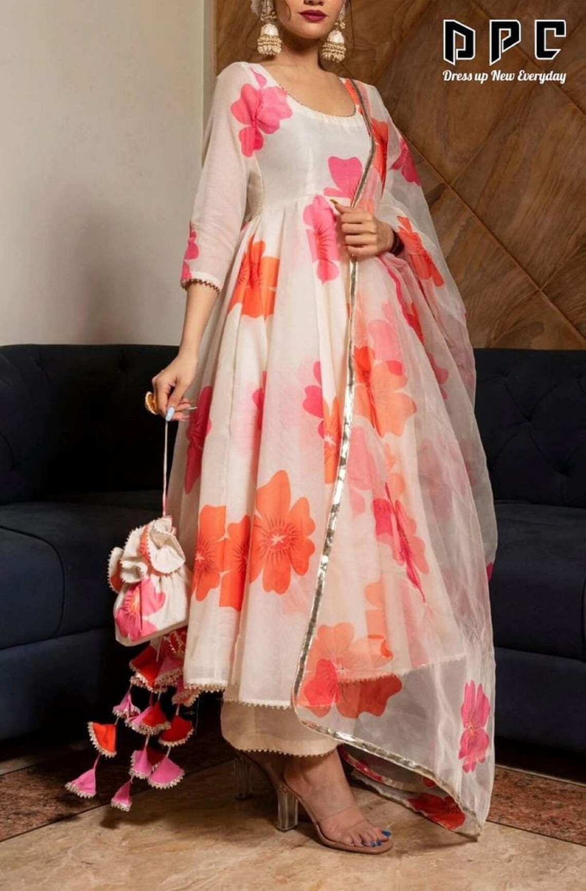 Attractive Flower Print With Handwork White Anarkali Kurti Etsy