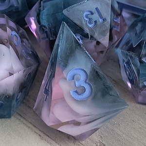 Pink Sky - Handmade resin sharp edge dice set for DnD, D&D, Dungeons and Dragons, RPG dice, galaxy dice, sparkly dice