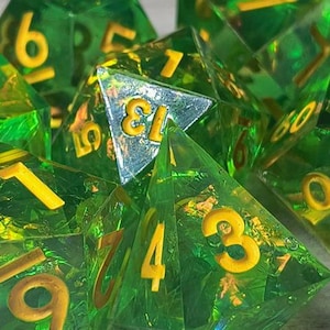 Verdant Prism - Handmade resin sharp edge dice set for DnD, D&D, Dungeons and Dragons, RPG dice, galaxy dice, sparkly dice