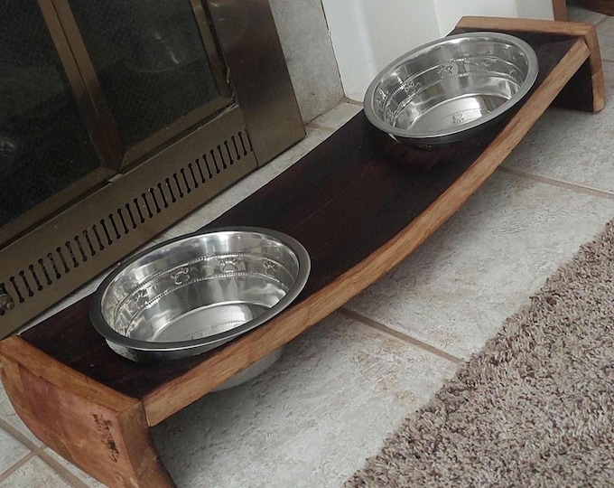Featured listing image: Wine Barrel Dog Feeder Elevated Pet Bowl Stand Handmade Dog Feeder Raised Feeder with Stainless Steel Bowls Rustic Pet Furniture