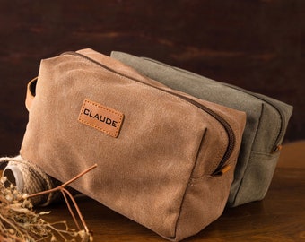 Personalized Engraving Mens Leather Wash Bag with Strap, Mens Canvas Toilet Bag Engraving with Initials, Fathers day gift, Birthday Gift Man