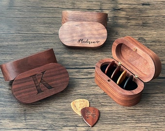 Gift For Him, Personalized Wooden Guitar Picks with Case, Engraved Guitar Plectrum Box, Custom Pick Holder, Valentines Gift for Him