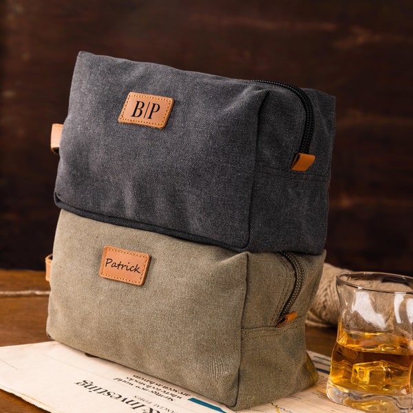 Personalized Toiletry Bag,Mens Toiletry Bag, Canvas Leathers Travel Bag,Dopp Bag,Gift for Him,Engraved Dopp Bag,Gift For Dad Him Boyfriend.