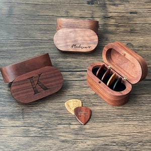 Gift For Him, Personalized Wooden Guitar Picks with Case, Engraved Guitar Plectrum Box, Custom Pick Holder, Valentines Gift for Him