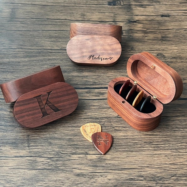 Regalo para él, púas de guitarra de madera personalizadas con estuche, caja de púa de guitarra grabada, soporte de púa personalizado, regalo de San Valentín para él