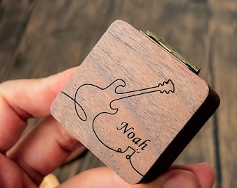 Wooden Guitar Picks Christmas Gift For Him, Custom Musicians Plectrum Box, Gift For Guitar Player