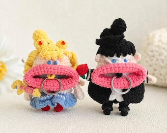 Crochet Princess and Knight Key Holder with Pull Strap, Funny Doll Key Chain, Car Key Pouch, Couple Gift