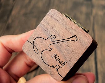 Wooden Guitar Picks Christmas Gift For Him, Custom Musicians Plectrum Box, Gift For Guitar Player