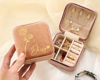 Birth Flower Personalized Velvet Jewelry Case, Bridesmaid Gift