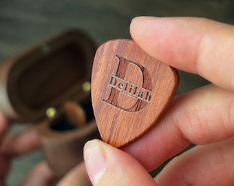 Custom Valentines Day Gift Idea, Wooden Guitar Picks with Case, Engraved Guitar Plectrum Box, Custom Pick Holder, Unique Gift For Him